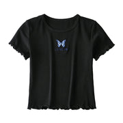 Butterfly embroidered round neck short-sleeved wooden ear short T-shirt