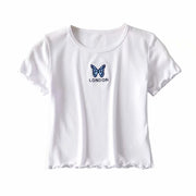 Butterfly embroidered round neck short-sleeved wooden ear short T-shirt