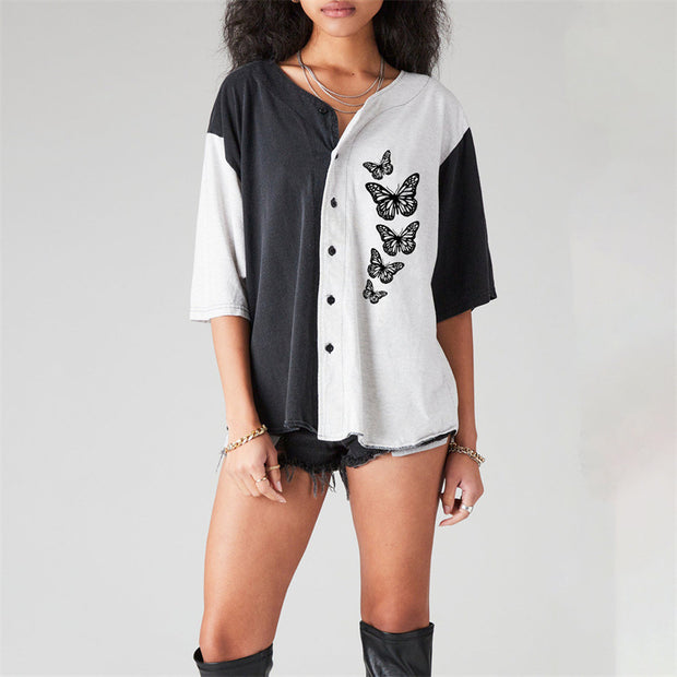 Street V-Neck Loose Print Black and White Cardigan Plus Size T-Shirt