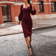 Spring and autumn temperament dress skirt mid-length puff sleeve stretch cotton bodycon dress
