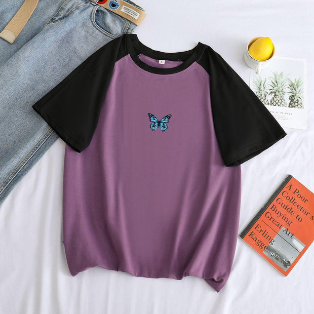 Retro butterfly print stitching short-sleeved T-shirt