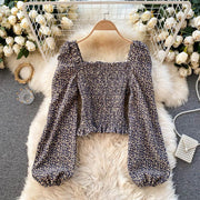 Fashion Puff Sleeve Retro Square Neck Floral Cropped Top
