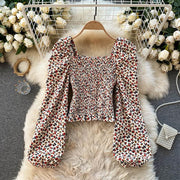 Fashion Puff Sleeve Retro Square Neck Floral Cropped Top