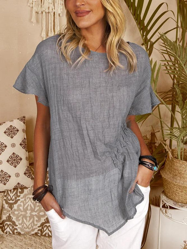 Casual round neck solid color gray pullover cotton and linen mid-length short-sleeved slim-fit shirt