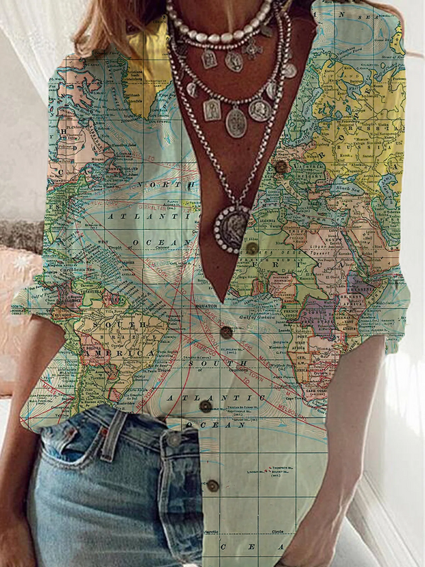 Printed Casual Long Sleeve Shirts & Tops World Map Shirt
