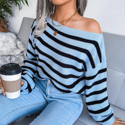 One-neck off-the-shoulder casual loose striped knitted sweater