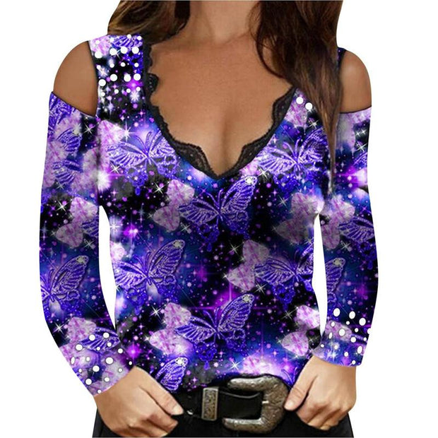 Long sleeve sexy printed V-neck lace strapless t-shirt
