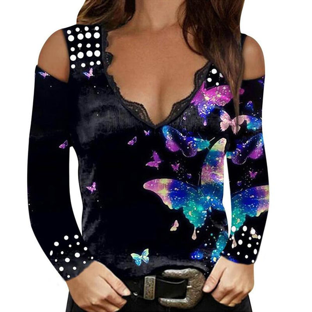 Long sleeve sexy printed V-neck lace strapless t-shirt