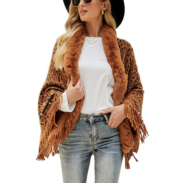 Leopard print fur collar coat with fringed hem keep warm knitted bib shawl women