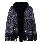 Leopard print fur collar coat with fringed hem keep warm knitted bib shawl women