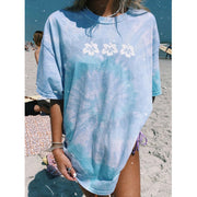 Casual round neck short sleeve tie-dye printing mid-length pullover women's T-shirt