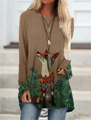 Fashion casual fox print long sleeve round neck loose pullover