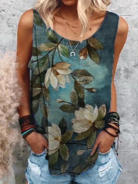 Casual sleeveless round neck print casual loose summer women's t-shirt