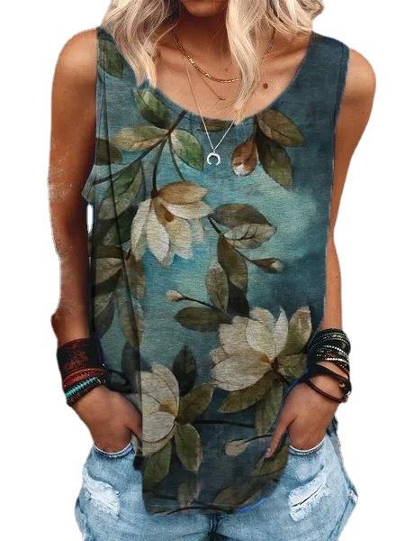 Casual sleeveless round neck print casual loose summer women's t-shirt