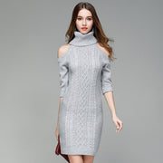 Sexy off-shoulder knitted dress women long turtleneck sweater bottoming shirt