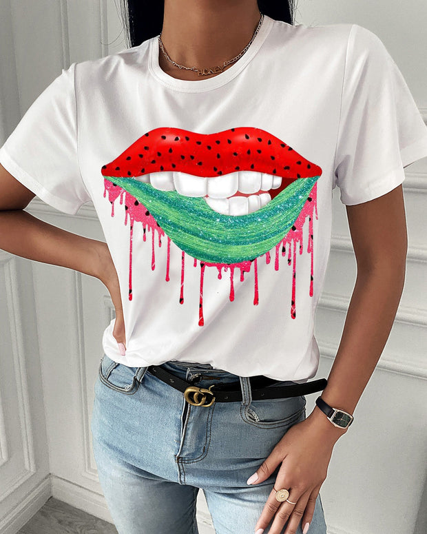 Fashion red lip printing short-sleeved T-shirt
