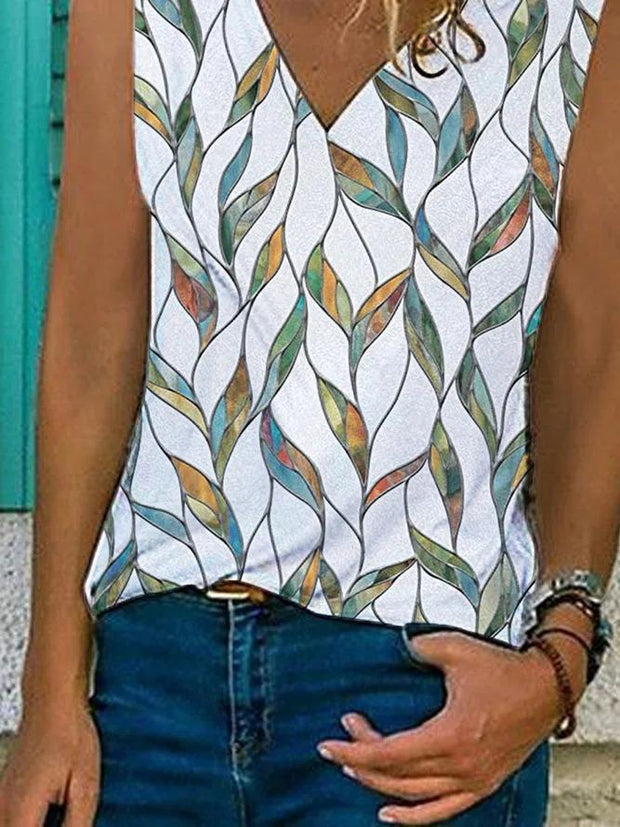 Casual Printed V-neck Pullover Sleeveless Summer T-shirt