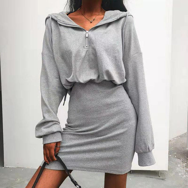 Women's clothing waist is thinner and hip hooded bodycon dress