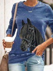 Fashion round neck all-match horse head print pullover casual long-sleeved T-shirt top women