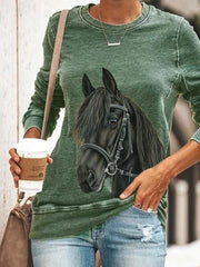 Fashion round neck all-match horse head print pullover casual long-sleeved T-shirt top women