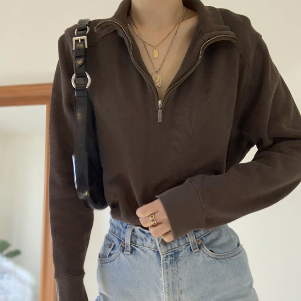 Women's solid color pullover zipper long-sleeved sweatshirt