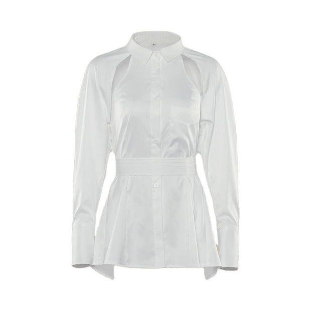 Long-sleeved white shirt women's waist leaking back hollow lace-up shirt
