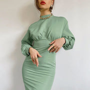 Chic round neck knitted slim green long sleeves bodycon dress