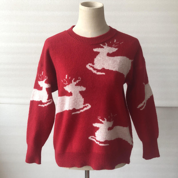 Fawn bell round neck long sleeve red christmas sweater