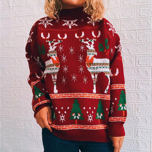 Elk snowflake Christmas tree knitted sweater pullover women