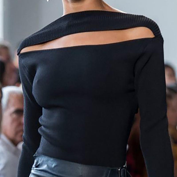Fashion design sense knitting fashion hollow long-sleeved sweater top