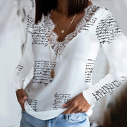 V-neck casual lace stitching long-sleeved top