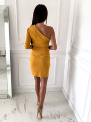 One shoulder sexy dress solid color slim long sleeve hip dress