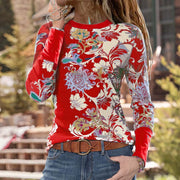 Fashion casual round neck color printing long sleeve t-shirt women