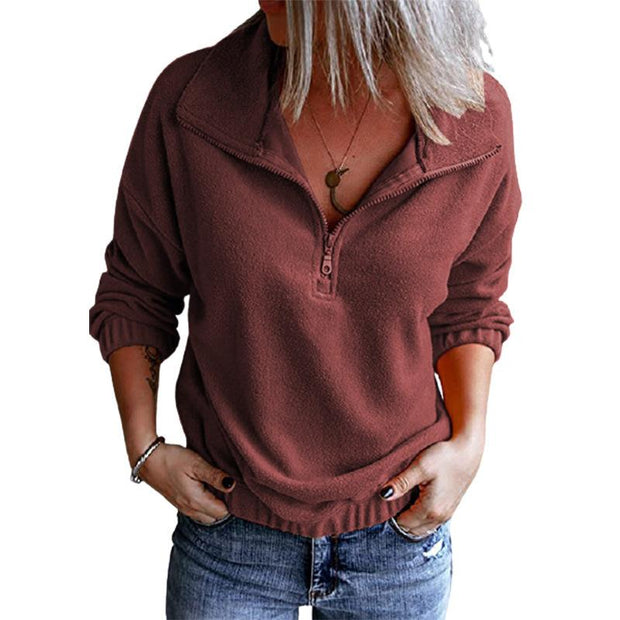 Women's solid color polar fleece stand-up collar zipper sweater