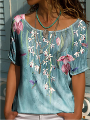 Landscape floral print V-neck short-sleeved T-shirt