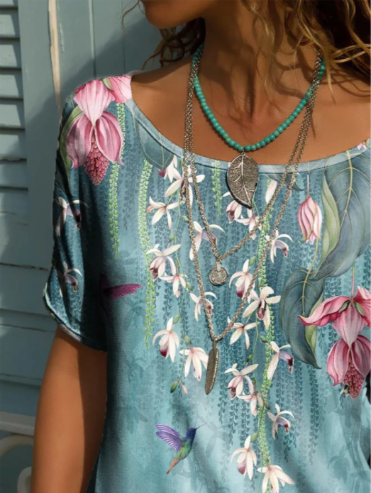 Landscape floral print V-neck short-sleeved T-shirt