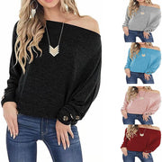 One-line off-shoulder solid color button loose long-sleeved T-shirt top