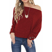 One-line off-shoulder solid color button loose long-sleeved T-shirt top
