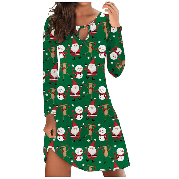 Round neck Christmas digital printing long-sleeved casual dress women's clothing