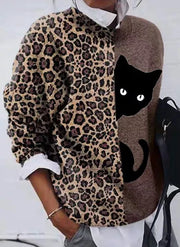 Fashion casual all-match cartoon cat leopard print long-sleeved top
