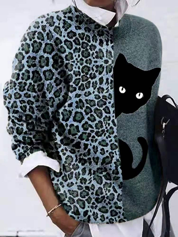 Fashion casual all-match cartoon cat leopard print long-sleeved top