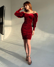 Fashion pleated puffy long-sleeved Korean velvet dress sexy autumn slim temperament hip skirt female