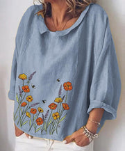 Fashion casual loose cotton and linen printed long-sleeved shirt
