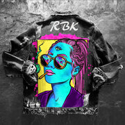 Fashion trendy cool graffiti illustration ripped denim jacket