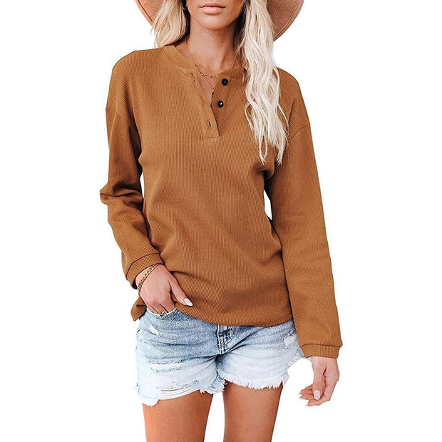 Fashion V-neck solid color long-sleeved top T-shirt women