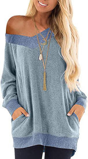 V-neck contrast pocket sweatshirt long-sleeved pullover sweatshirt casual T-shirt