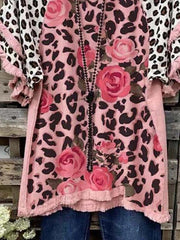 Fashion V-neck loose leopard print stitching flower print lace T-shirt women