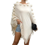Fringed cloak shawl hair ball round neck pullover solid color sweater women