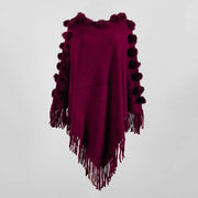 Fringed cloak shawl hair ball round neck pullover solid color sweater women