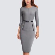 Intellectual and elegant temperament Slim round neck 3/4 sleeve OL bag hip 3/4 sleeve dress